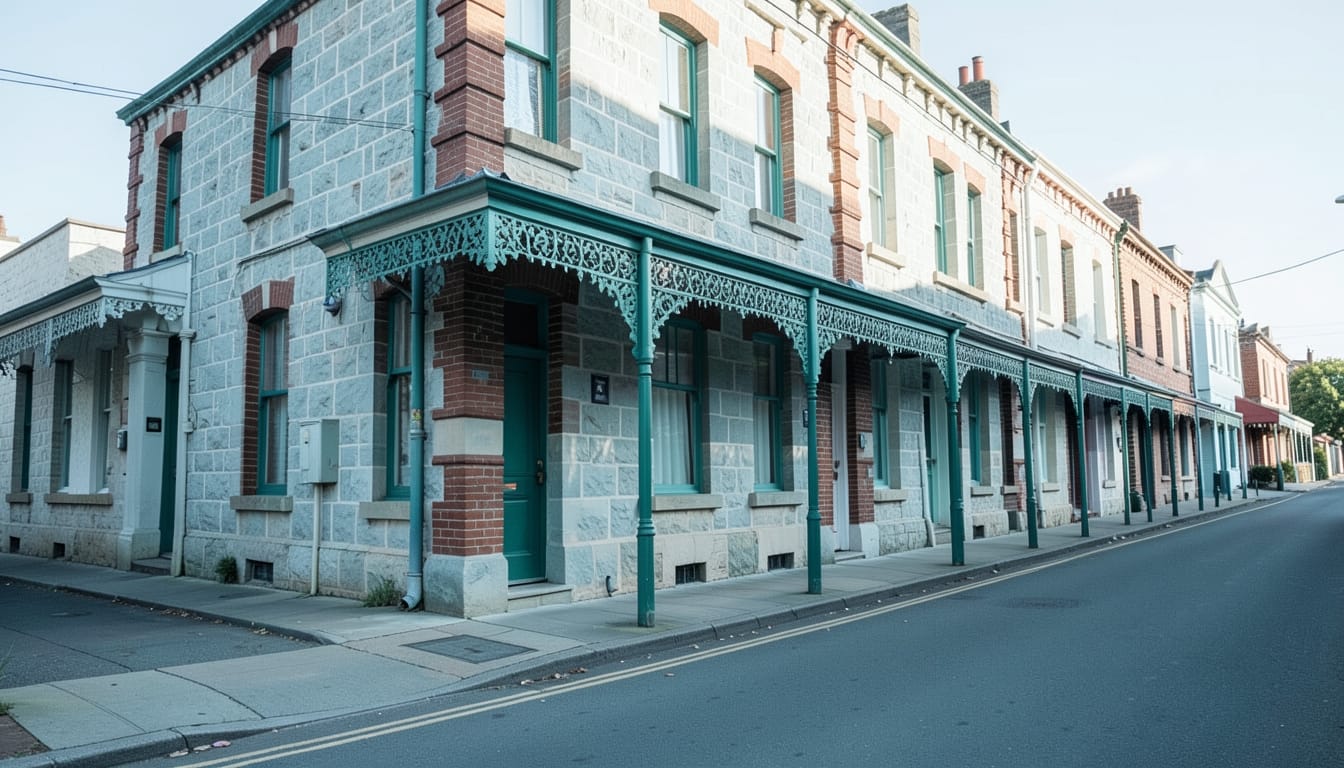 Row of two-storey stone houses with bluestone fronts, red brick quoins and green iron lace verandahs on an Adelaide street