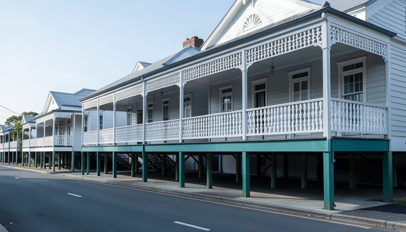 Row of raised white timber Queenslanders on tall green stumps, with wide verandahs and decorative balustrades