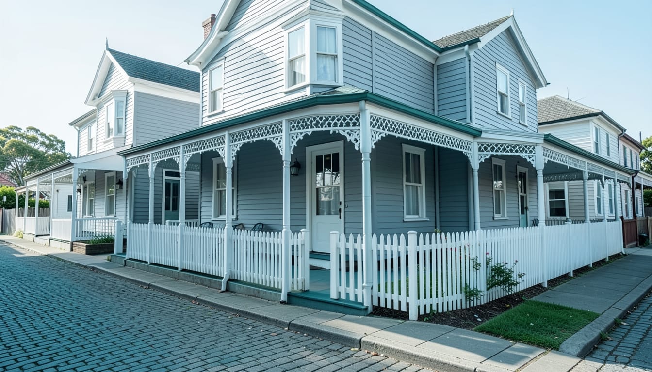 Grey weatherboard houses with white iron lace verandahs and white picket fences beside a cobbled street