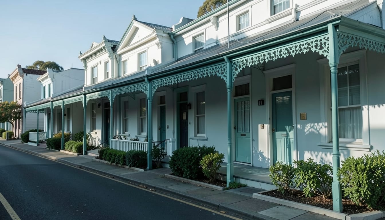 Row of white Victorian terraces with teal iron lace verandahs and small front hedges on a quiet Melbourne street