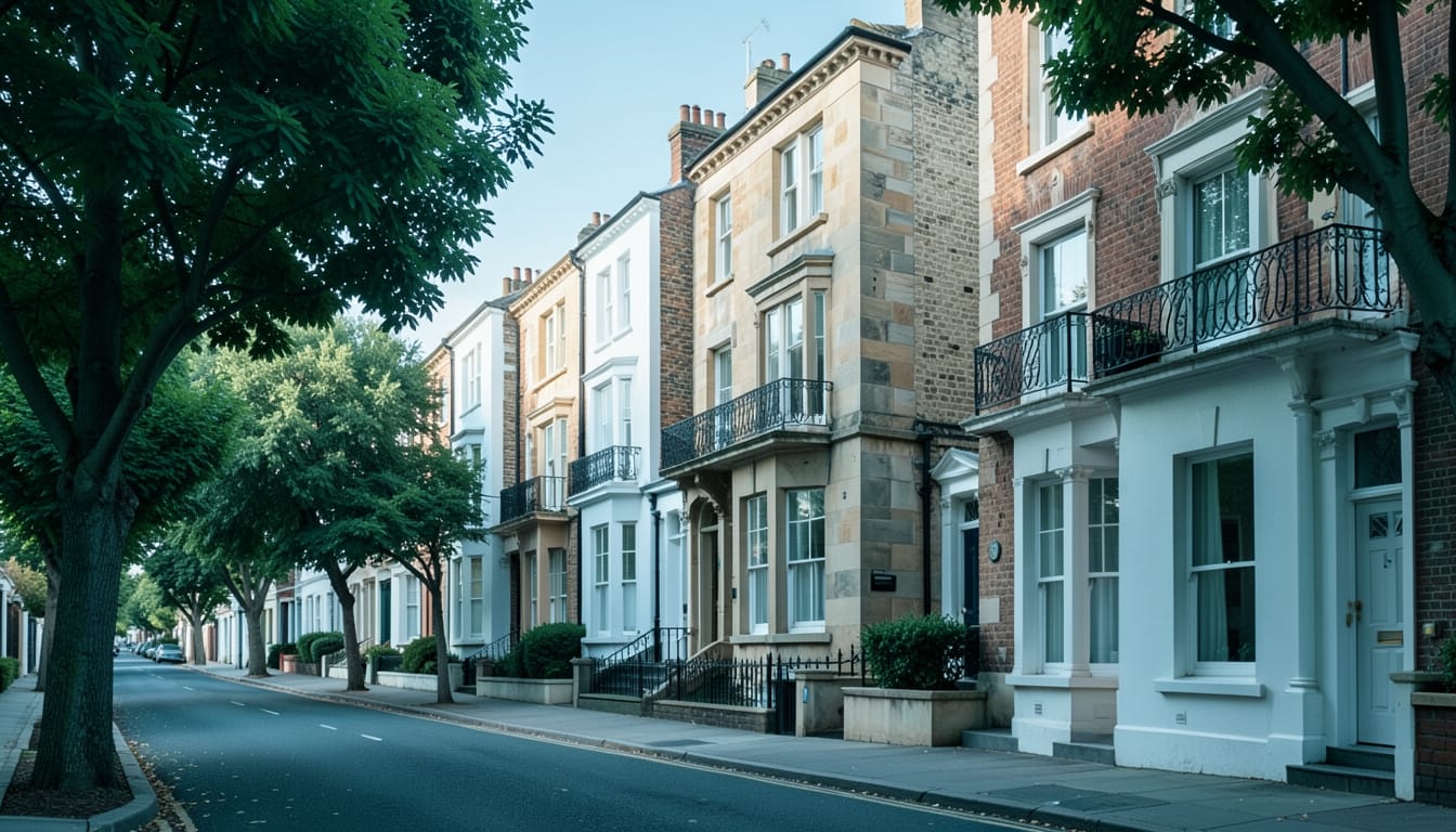 Tree-lined Sydney street of tall sandstone, brick and white rendered terraces with wrought iron balconies