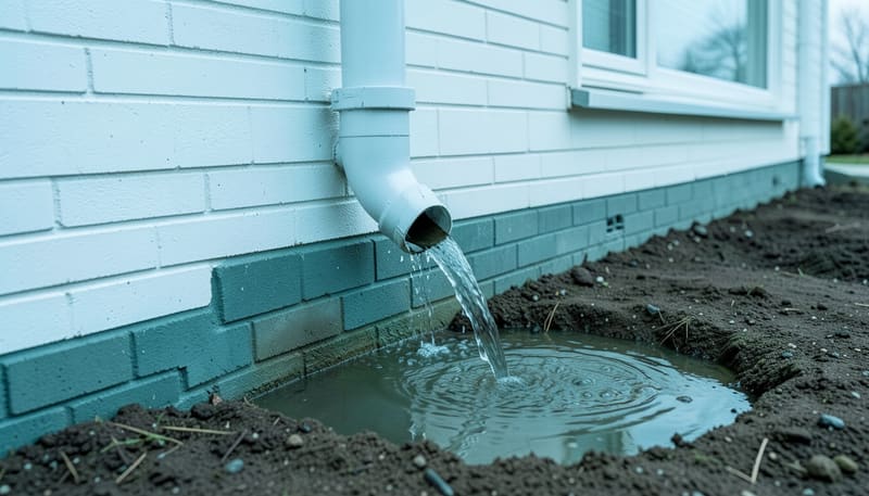 Downpipe discharging water straight onto bare soil at the base of a painted brick wall, forming a puddle against the footing