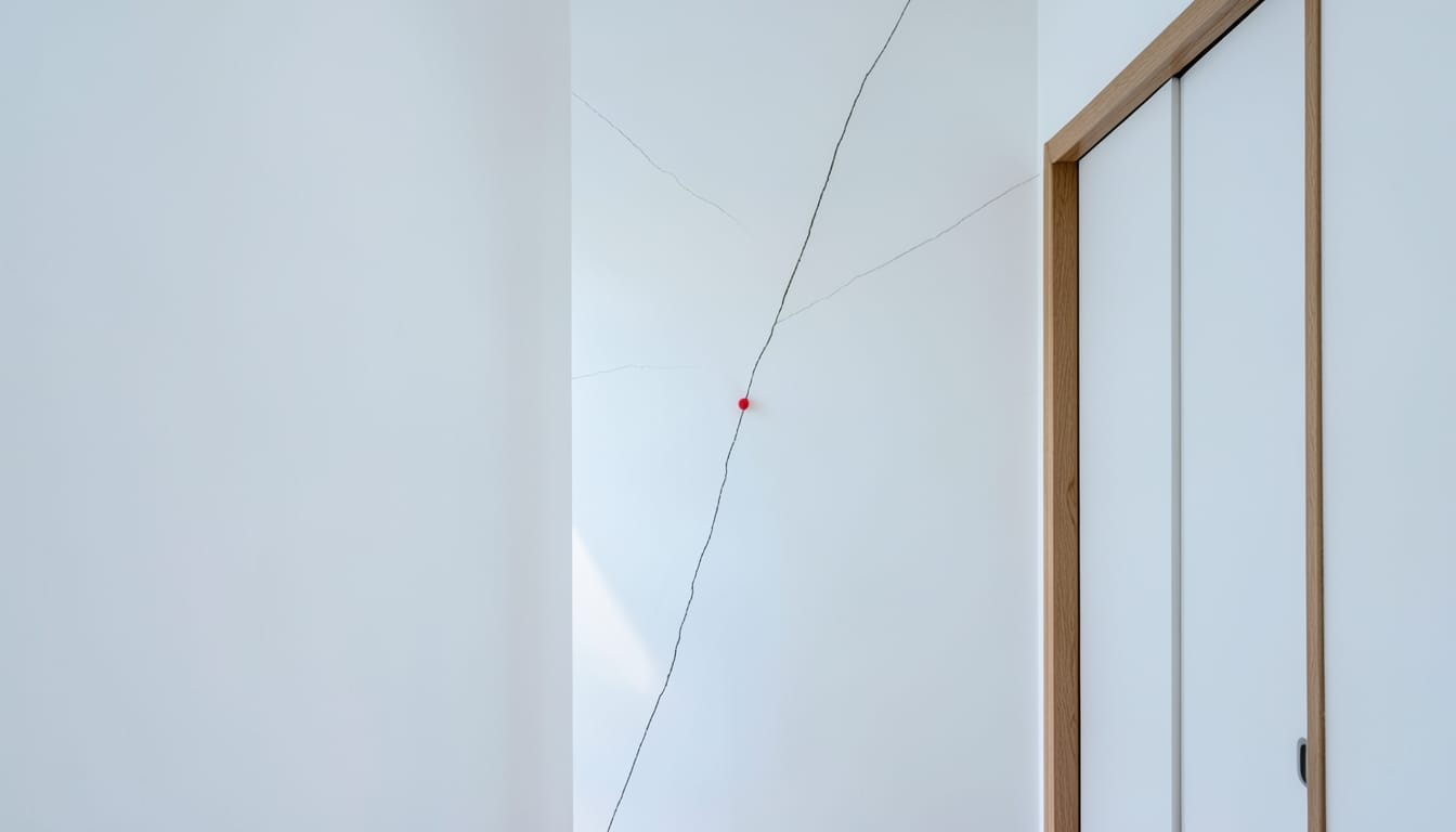 Bright hallway with a long diagonal crack running up the plaster wall from the corner of a door frame, a small red marker at its tip