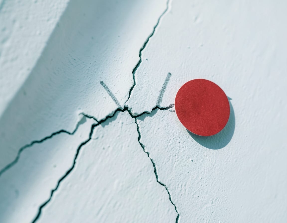 Branching crack in white plaster with grey pencil tick marks across it and a round red marker sticker beside it