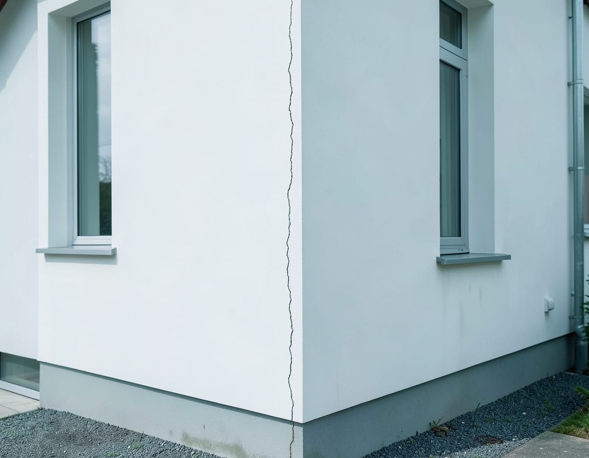 Corner of a modern white rendered house with a long vertical crack running down the render between two windows