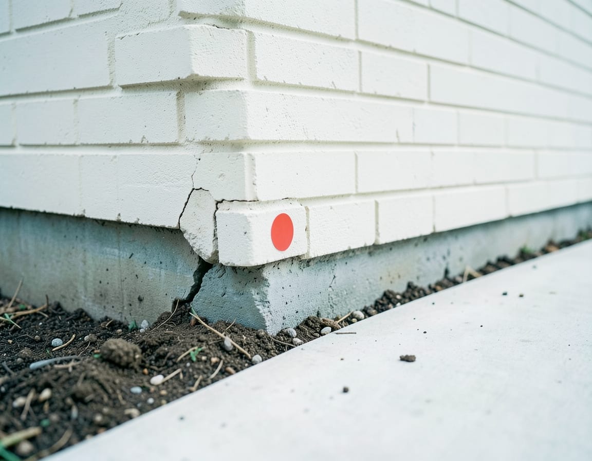 Base of a white painted brick wall with a crack opening at the corner of the concrete footing beside bare soil, a red marker sticker on the brickwork