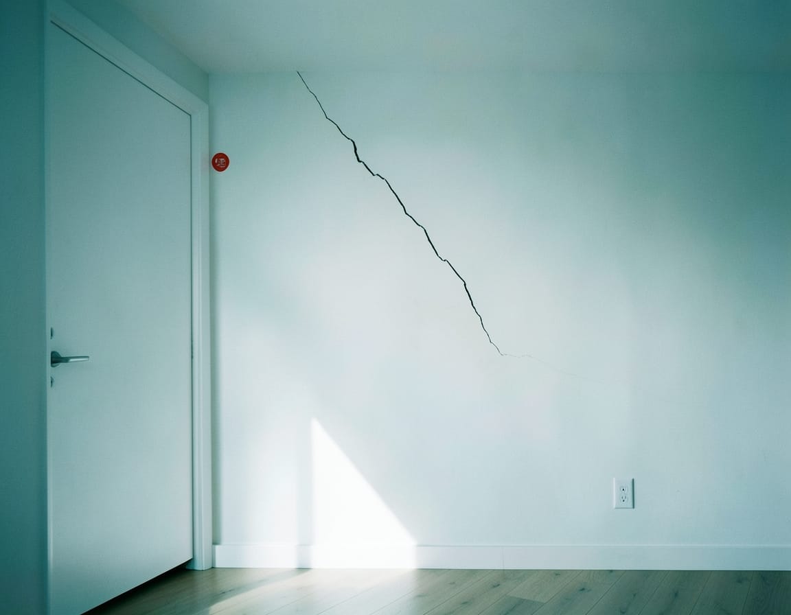 Empty white room with a thin jagged crack running diagonally across the plaster wall beside a door, a small red marker on the door frame