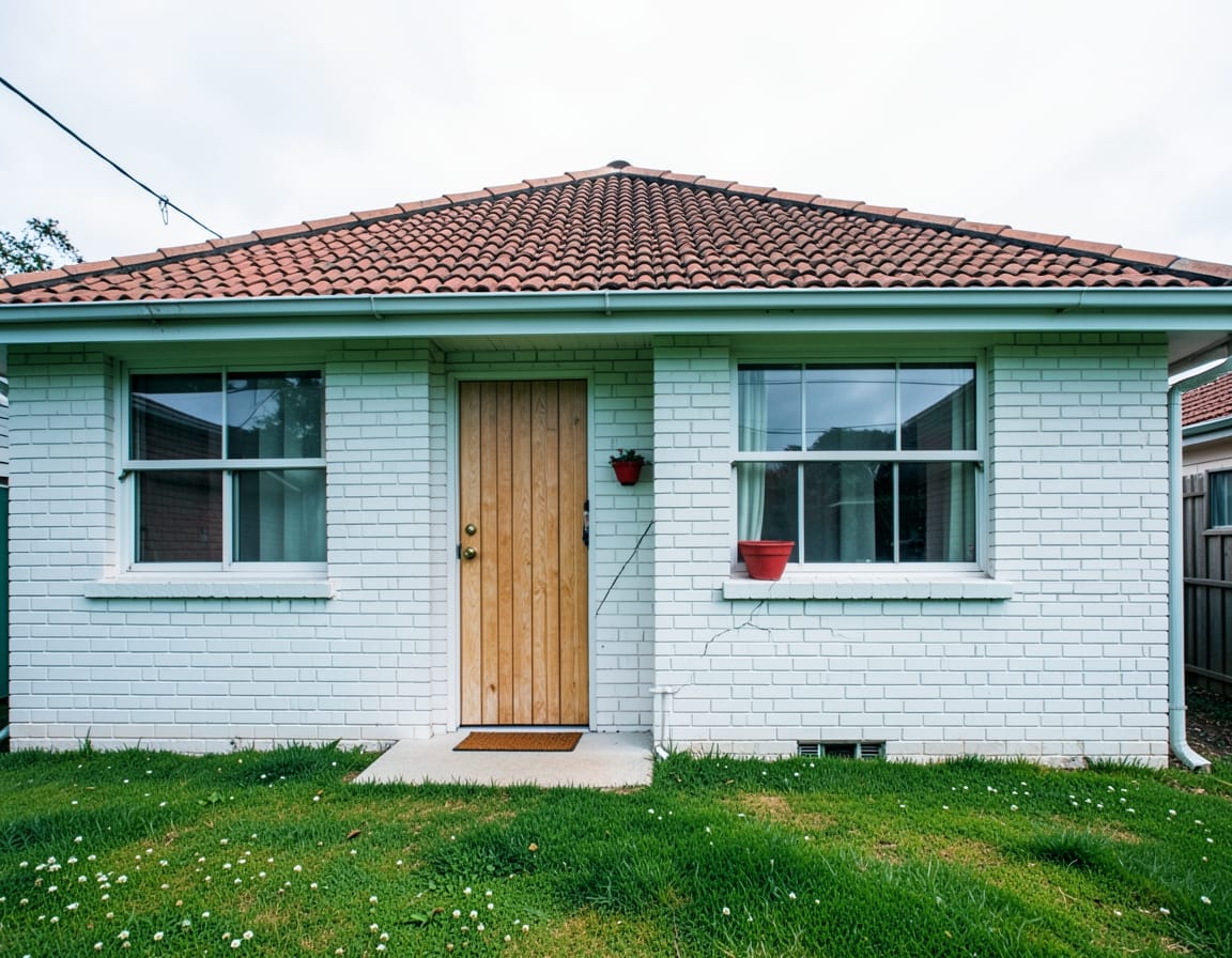 Single-storey white painted brick house with a terracotta tiled roof, a timber front door and a green front lawn