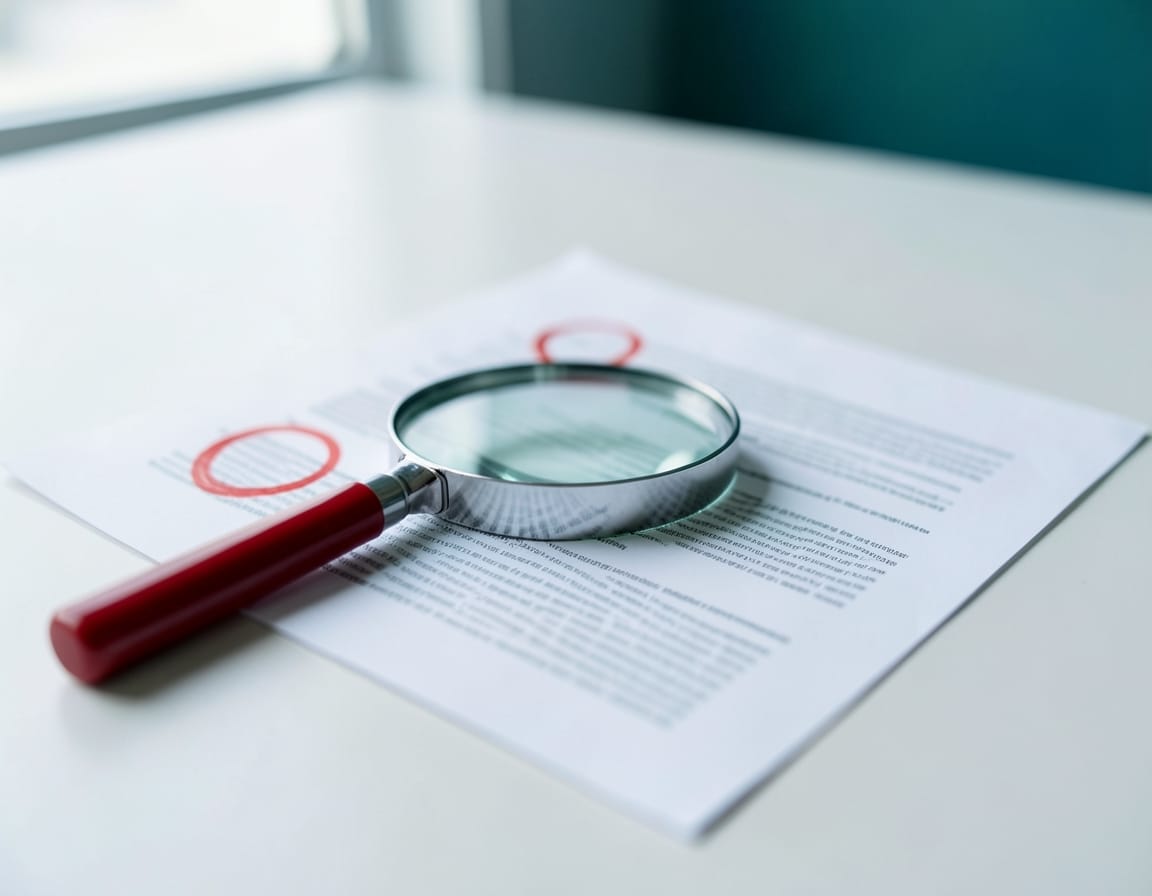 Magnifying glass with a red handle resting on a printed quote marked with red pen circles