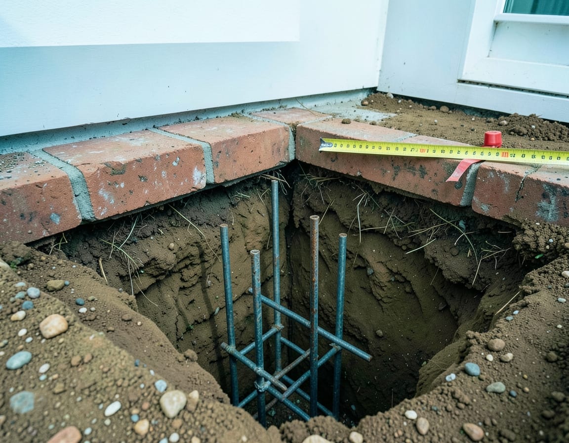 Excavation dug beneath the old brick footing of a house, with steel reinforcing bars standing in the pit and a tape measure across the top