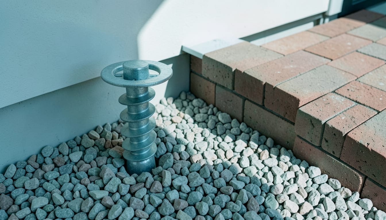 Galvanised steel helical screw pile lying on gravel beside the brick footing of a house