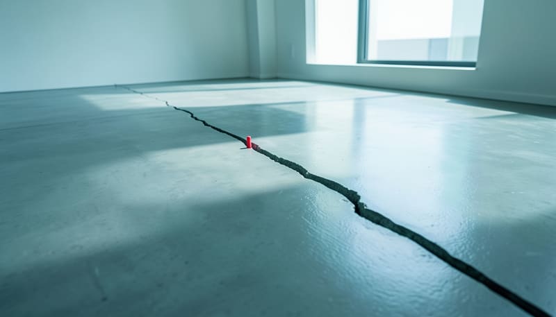 Long crack running across a polished concrete slab floor in an empty room, with a small red marker beside it