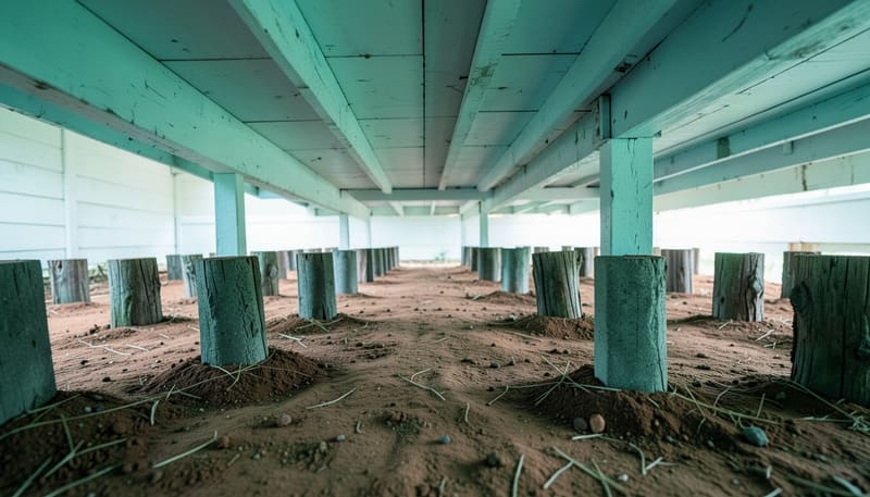 Subfloor of a raised timber house, with rows of timber stumps standing in bare soil under painted bearers and joists
