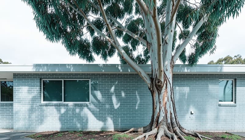 Large eucalypt growing right beside a pale brick house wall, with its roots spreading at the base